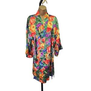 Vtg Victorias Secret Gold Label Floral Belted Robe Womens Med Lingerie Colorful